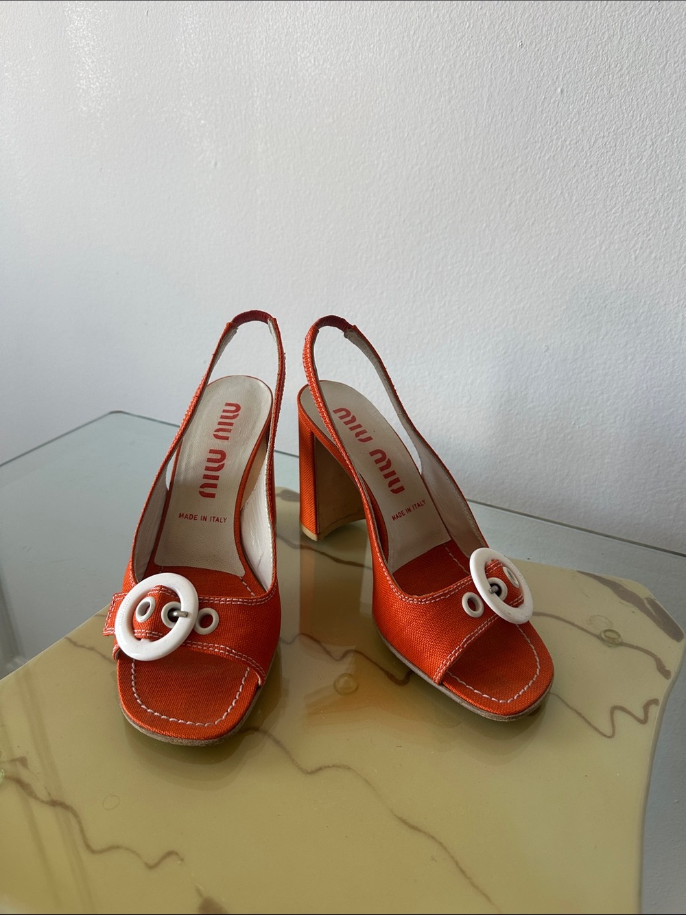 Miu Miu Bright Orange Slingback Heels with White Buckle